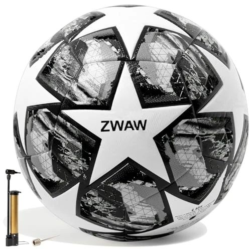 ZWAW Size 5 Soccer Ball, Waterproof PU Leather, Official Match Ball, with Pump & Needles (White)