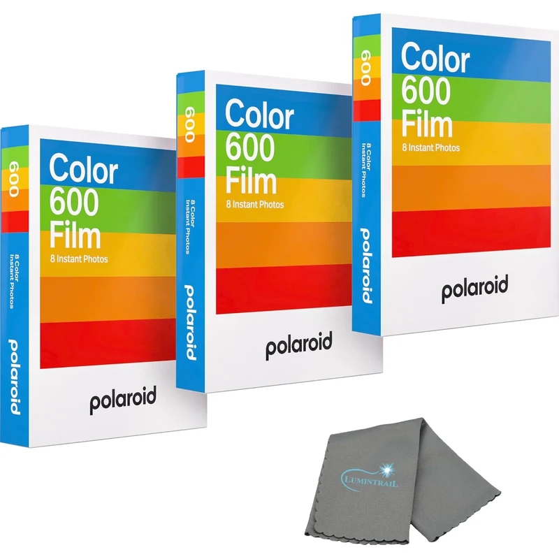Polaroid 3 Pack Color Instant Film for 600 and i-Type Cameras, 24 Photos Bundle with a Cleaning Cloth