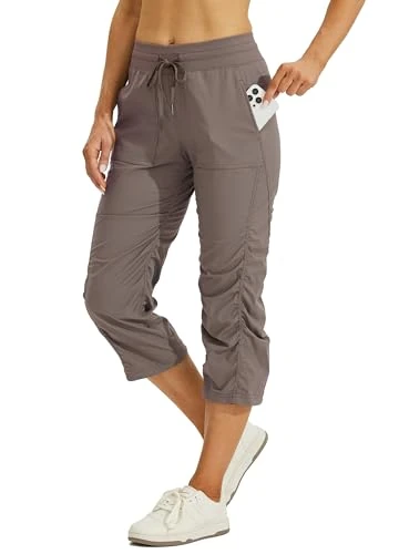 Willit Women's Quick-Dry Capris Travel Pants Lightweight Striped Woven Hiking Workout Casual Pants with Pockets Light Brown 3XL
