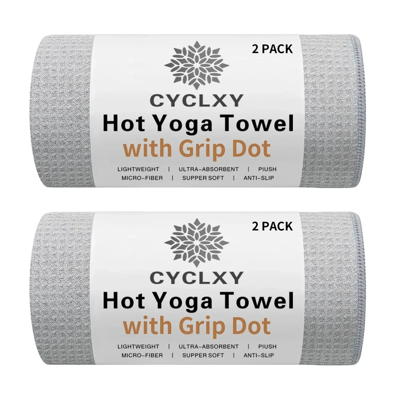 CYCLXY 2 Pack Hot Yoga Towel with Grip Dot，Stickyfiber Yoga Mat Towels Non Slip for Hot Yoga,Absorbent Microfiber Sweat Anti-Slip Cover,Bikram,Pilates,Exercise,Fitness