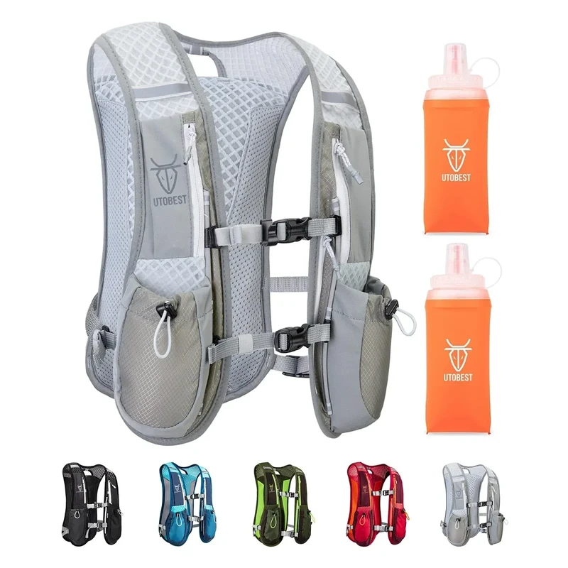 UTOBEST Running Vest, 5L Hydration Vest Lightweight, Running Backpack with 2 x Soft Flask, Adjustable Running Hydration Vest for Trail Running Marathon Race Jogging Cycling Gray