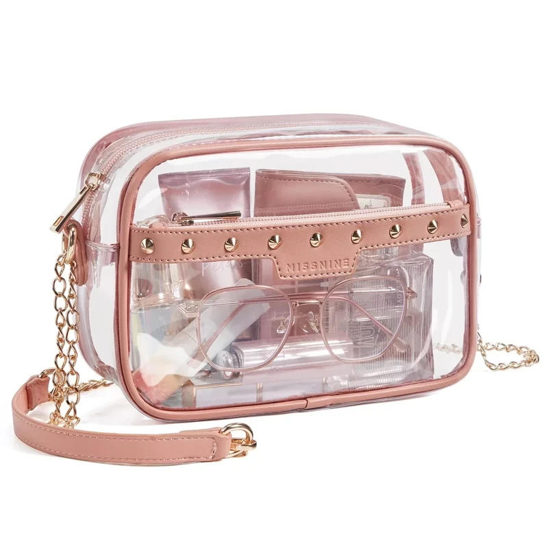 Missnine Clear Bag for Stadium Events Quilted Clear Purse for Women Stadium Approved PVC Crossbody Concert Bag (Studs Chain Pink) - Image 1