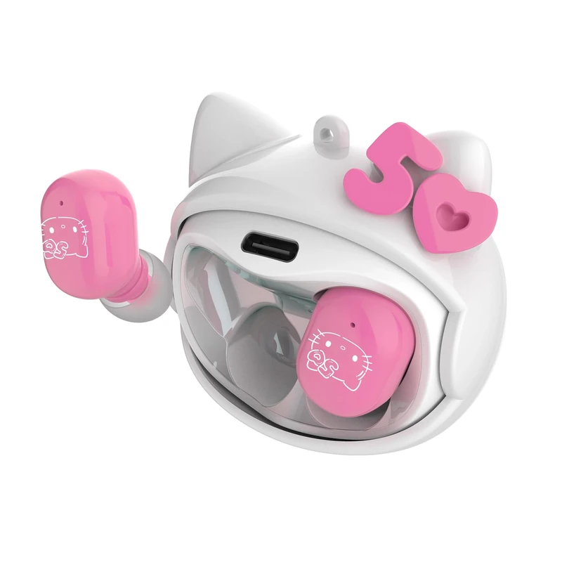 Hello Kitty 50th Anniversary Wireless Bluetooth Earbuds with Rotating Charging Case | Built-in Mic, Hands-Free Calling, Pink Design for Kids & Fans | Flip Face Feature