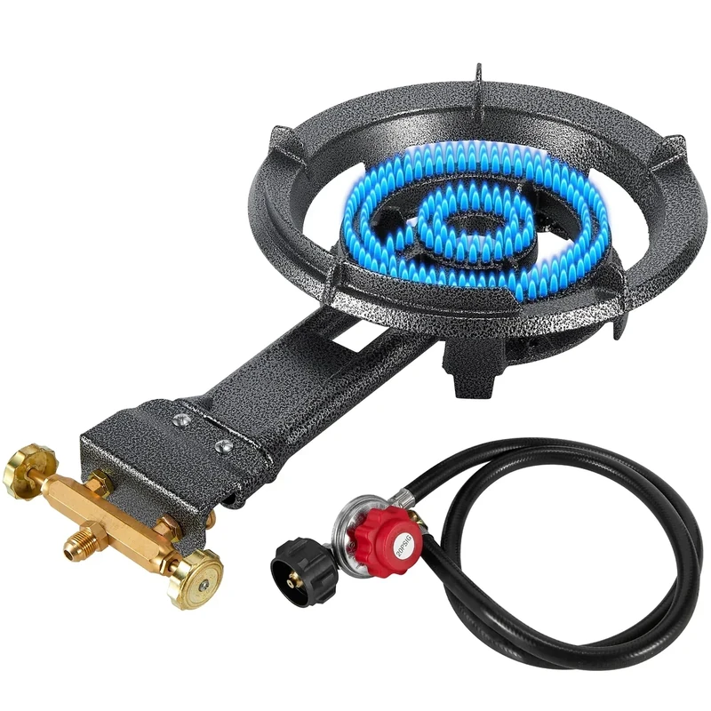 Bestfire 13" Single Propane Burner Stove 90,000 BTU Cast Iron Portable Outdoor Burner with 0-20 PSI Adjustable Regulator and 4ft Hose Perfect for Outdoor Wok Cooking