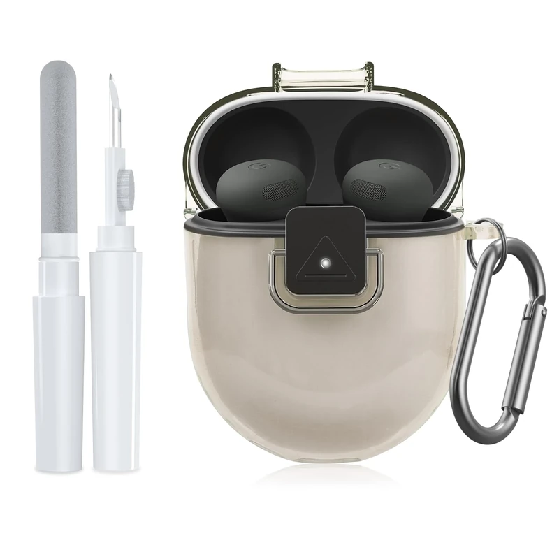 for Google Pixel Buds Pro 2 Case Cover with Lock Clip, Clear TPU Case for Google Pixel Buds Pro1/2, Shockproof Protective Case Skin wtih Keychain & Cleaner Kit for Girly/Women/Man (Clear Grey)