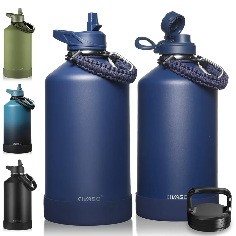 CIVAGO Gallon Insulated Water Bottle Jug with Straw, 128 oz Large Stainless Steel Water Flask, Big Metal Thermal Mug with 3 Lids for Sports, Travel, Gym, and Camping, Navy Blue