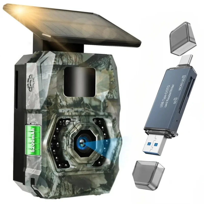 Solar Trail Camera 48MP 30FPS,Game Cameras with SD Card Reader, WiFi Bluetooth Trail Camera for Hunters to View Images and Videos Blue Green