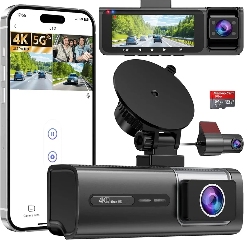 Huntermax Dash Cam - 5G WiFi, 4K Front, 1080P Rear & Inside, 64GB