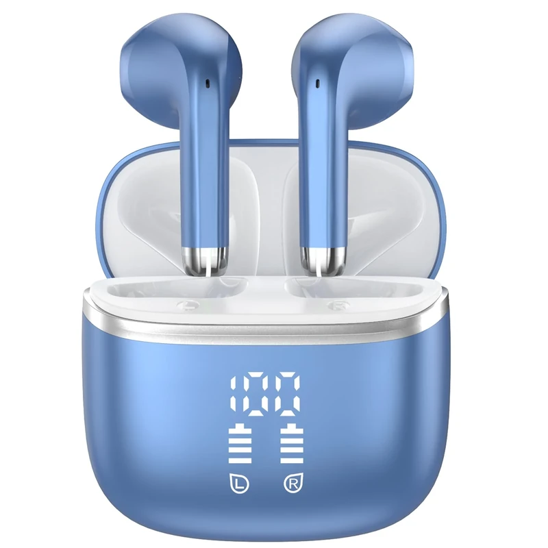 HOIFA Wireless Earbuds, Bluetooth 5.3 Headphones with 4 ENC Noise Cancelling Mic, HiFi Stereo Deep Bass, IP7 Waterproof Earphones, 40H Playtime, Earbuds Dual LED Display, USB-C, Blue