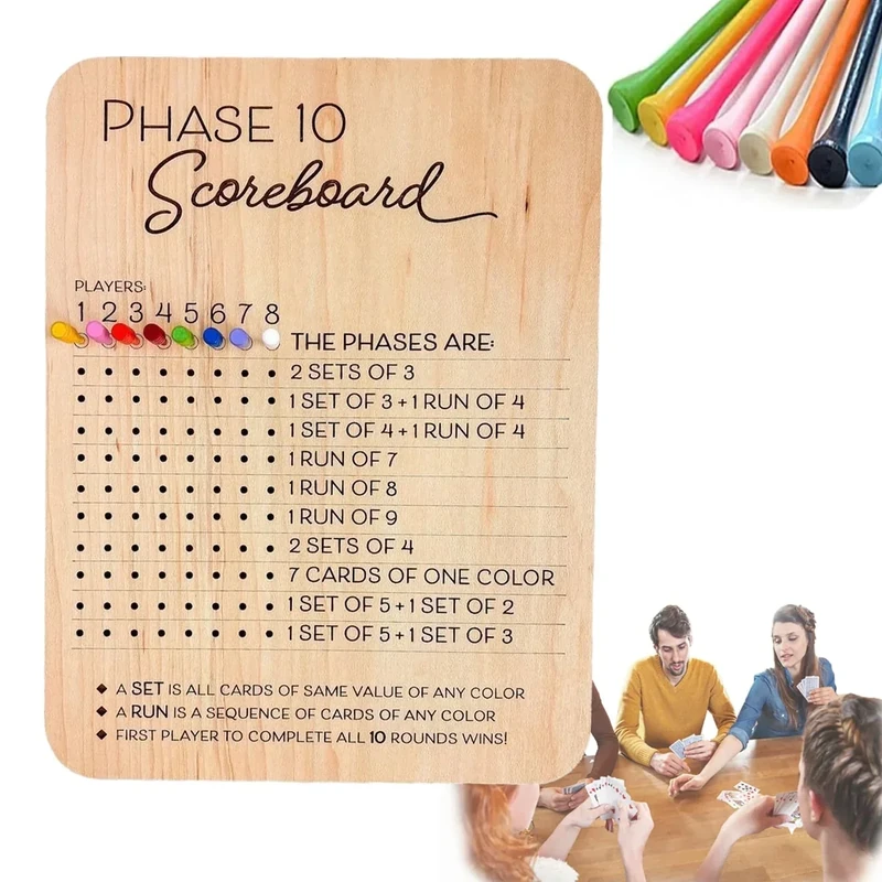 Cert Leidis Phase 10 Score Board, 2025 New Wooden Phase 10 Scoreboard and Round Tracker with 8 Colored Pegs, Phase 10 Score Sheets, Board Card Games for Party Family Adults