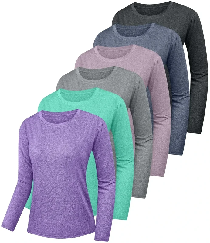 Kinglaman 6 Pack Women's Long Sleeve Workout Dry Fit Shirts, UPF 50+ Rash Guard SPF UV Sun Protection Shirts Crew Neck 1 Black 1 Gray 1 Blue 1 Purple 1 Dark Pink 1 Green X-Large