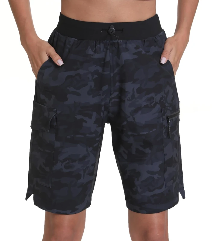 zsenoxaxi Women's Hiking Cargo Shorts Quick Dry Lightweight Shorts for Travel Athletic(Black Grey Camo,XL)