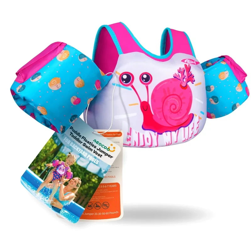 AEOCOO Puddle Float Jumper 20-30-50 Pounds, Toddler Swim Vest for 1-3-5 Years Old, Pool Floats with Swimming Arm Floaties Swim Jacket with Water Wings for Kids Swimmies, Boys, Girls, Niños, Snail