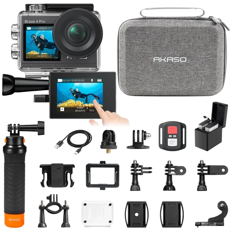 AKASO Brave 4 Pro Action Camera with Waterproof Floating Hand Grip Bundle - 4K30 20MP Ultra Hd EIS 131ft Underwater Camera 5xZoom Touch Screen WiFi Remote Control with Helmet Carry Bag Accessories Kit
