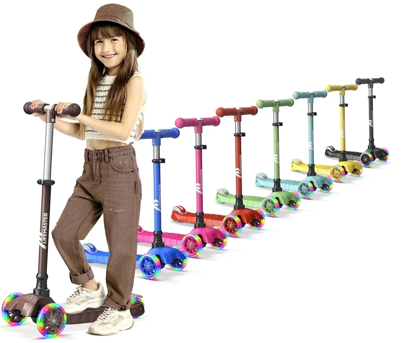Lifemaster Mini 3-Wheel Kids Scooter with Multi-Color Wheel Lights – 4-Height Adjustable Handlebar, Wide Anti-Slip Deck, Child Safety Certified, Boys & Girls Ages 2+ Supports Up to 110 lbs, Brown