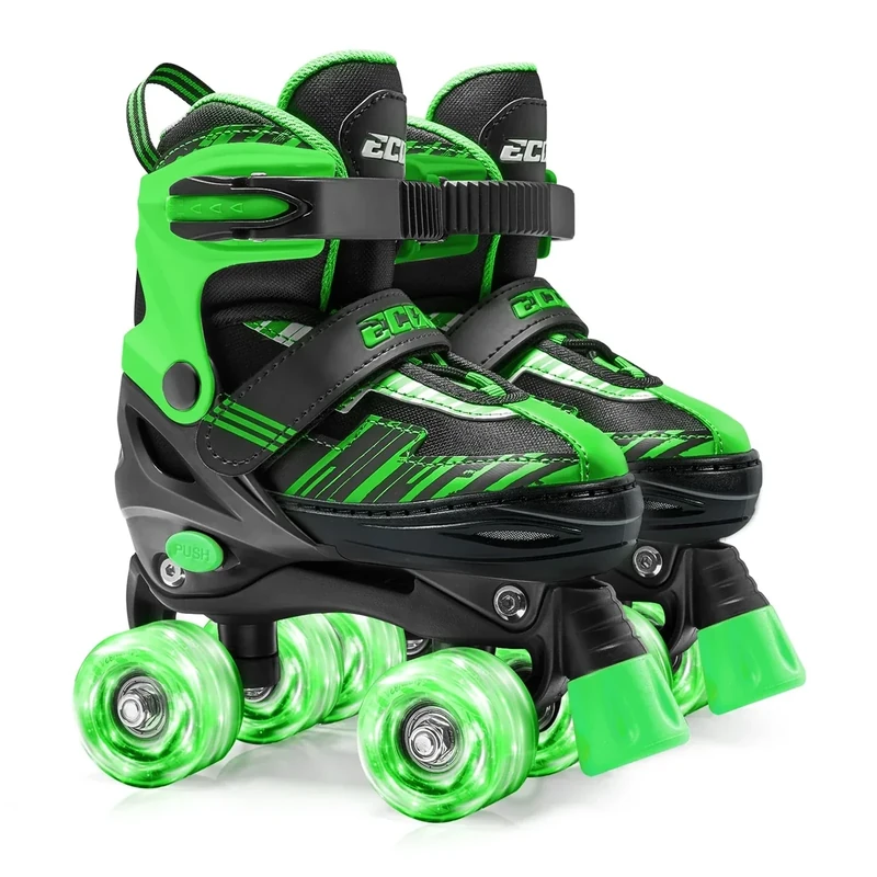 ECOO Roller Skates for Girls Boys Ages 4-12, Toddler Kids 4 Size Adjustable Light up Wheels Beginner Skates (Green, Small-Little Kids(11j-13j US)