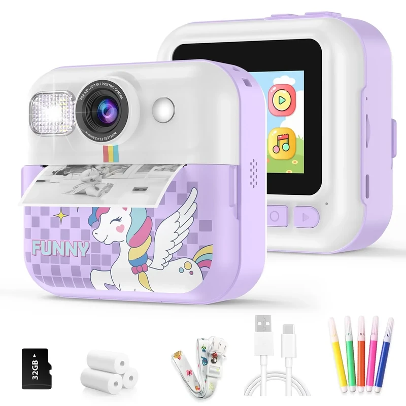 BOFIDAR Kids Instant Print Camera - 1080P Video, 16X Zoom, 3 Rolls
