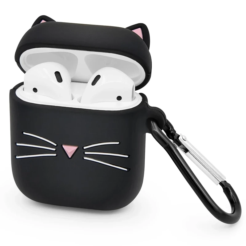 Mouzor for Airpods Case, Cute Airpods 2 Case, Black Whisker Cat Kitty Kawaii 3D Cartoon Animal Full Protection Shockproof Soft Silicone Charging Cases Cover with Carabiner for Girls Women