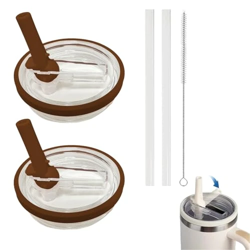 Aooiiysd 2 Pack 40 oz Tumbler Flip Straw Lid Replacement – Spill Proof & Splash Resistant Cover for Stanley Quencher – Reusable Accessories for Stanley 40 oz Cup (Amber)