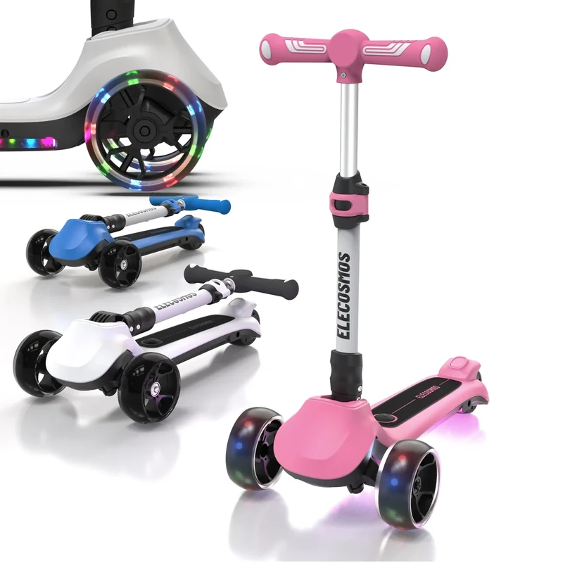 ELECOSMOS Kids Electric Scooter for Age 4-9, Light Up Big Wheels, Flashing Deck, Adjustable Heights, Foldable 3 Wheel Kick Scooters for Girls, Kid Balance Training, Cute Pink