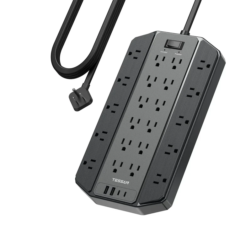 4000J Surge Protector Power Strip, TESSAN 22 Outlets Heavy Duty Extension Cord with 4 USB Ports (2 USB C), 1875W, 15A, Flat Plug, Charging Station for Home, Office, Gaming Room, PC, Dorm, Black