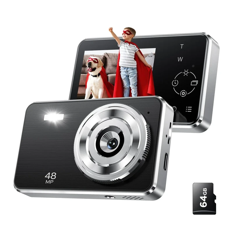 Voxitenus 1080p Digital Camera for Kids - 16x Zoom, 64GB TF Card, Black