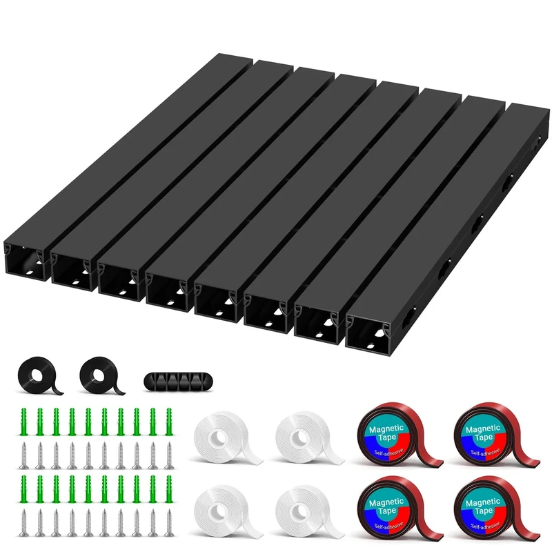 Cable Raceway - Magnetic Cable Management Under Desk with Upgraded Aesthetic Large Hole, Cord Organizer Kit for Hiding Computer, Gaming Desk, Network, Power Cord, TV - 8PCS 8x15.7in Black
