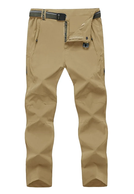 TBMPOY Men's Lightweight Hiking Pants with Belt 5 Zip Pockets Waterproof Quick-Dry Travel Fishing Work Outdoor Pants Thin Khaki XL