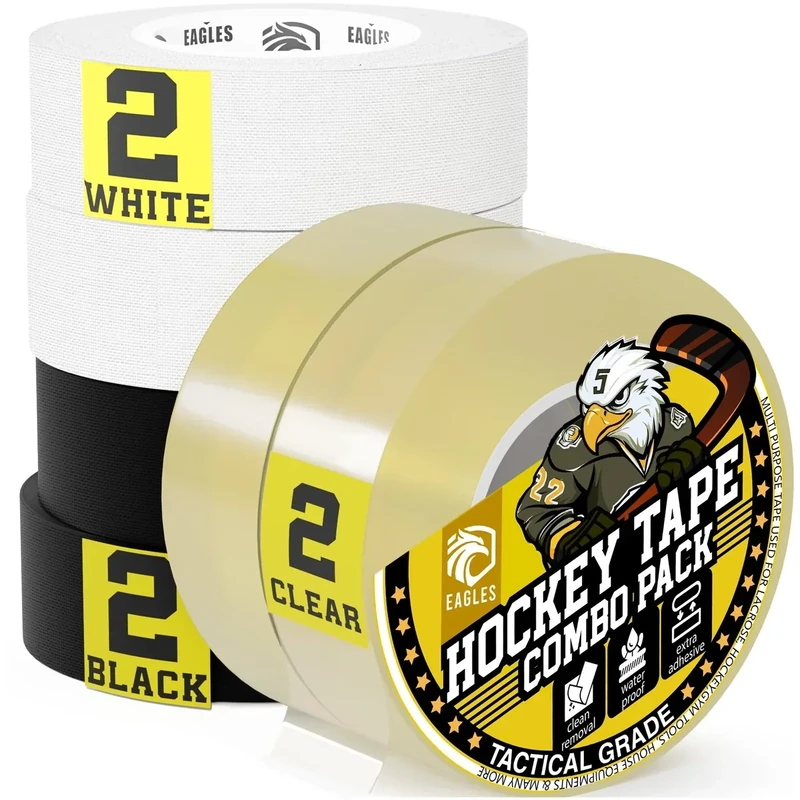 EAGLES Hockey Tape 2 Roll Black 2 Roll White Cloth Grip Tape and 2 Rolls Clear Multipurpose Shin Pad Guard Tape - Strong Adhesive - Hokey Sports Gifts, Accessories, Equipment, Gear