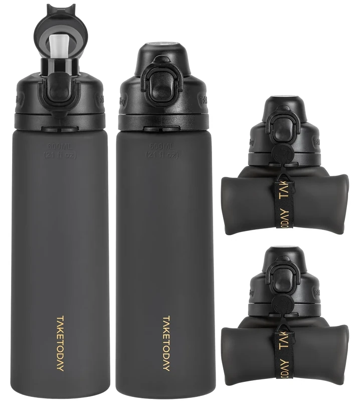 TakeToday Collapsible Water Bottles 21oz 2 Pack - Leak Proof, BPA-Free, Foldable Silicone Travel Water Bottle with Straw Strap for Traveling, hiking, Outdoor (Black)