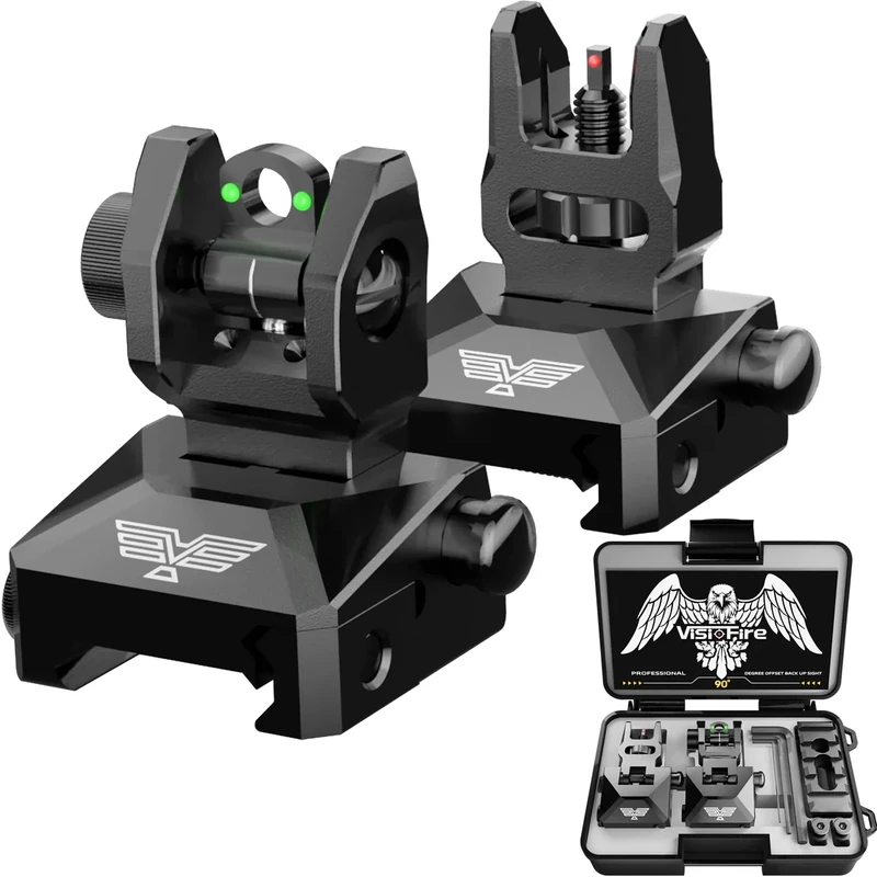 Visiofire Fiber Optic Iron Sights for Picatinny Rail | Flip Up Front and Rear Backup Sights with Red Green Dots | Tool-Free Ajustable Rear Flip Up Sights | Pop Up Fiber Optic Sights Rapid Transition