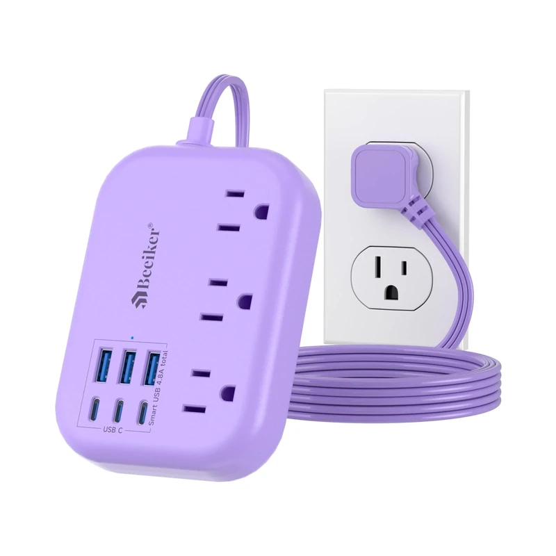 Beeiker Purple 5ft Power Strip - 6 USB (3 USB-C) + 3 Outlets, 24W