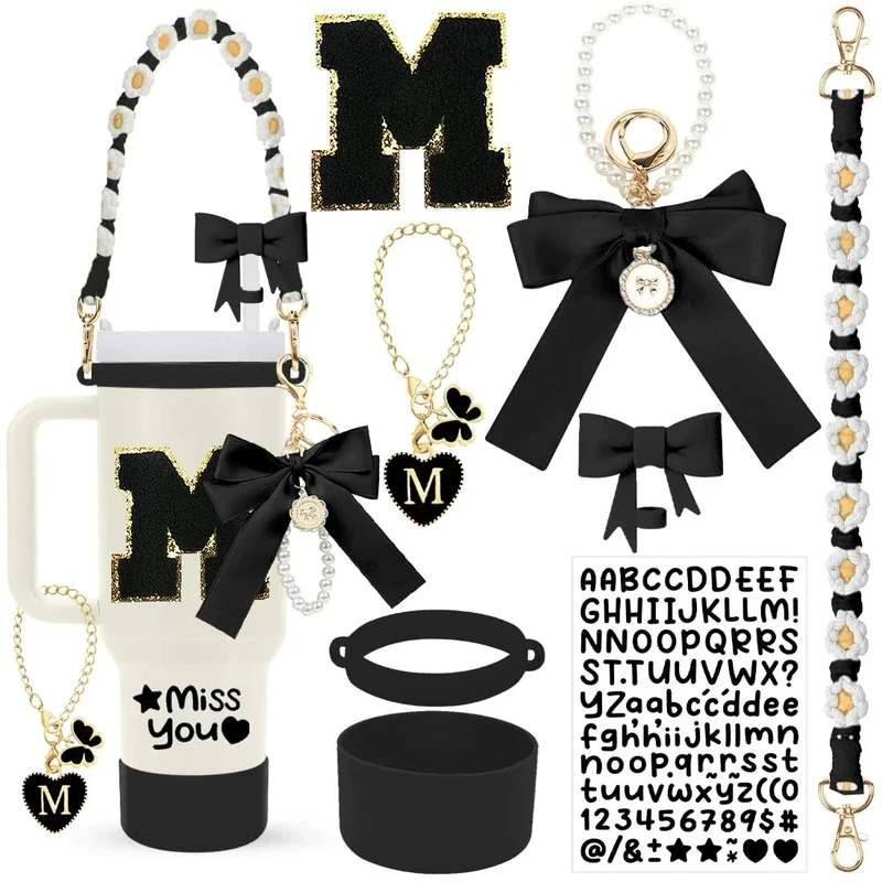 HAIREASON Stanley Cup Accessories Set,8Pcs Cup Accessories Including Straw Topper,Boot,Cup Charm,Stickers and Other Accessories,Suitable Accessories for Stanley (Black M)