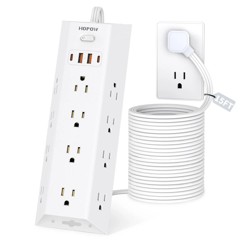 15FT Extension Cord - Surge Protector Power Strip, Long Cord with 12 AC Outlets & 4 USB Ports (2 USB C), Flat Plug Extension Cord, Wall Mount, Desk Charging Station for Office Home Room Essentials