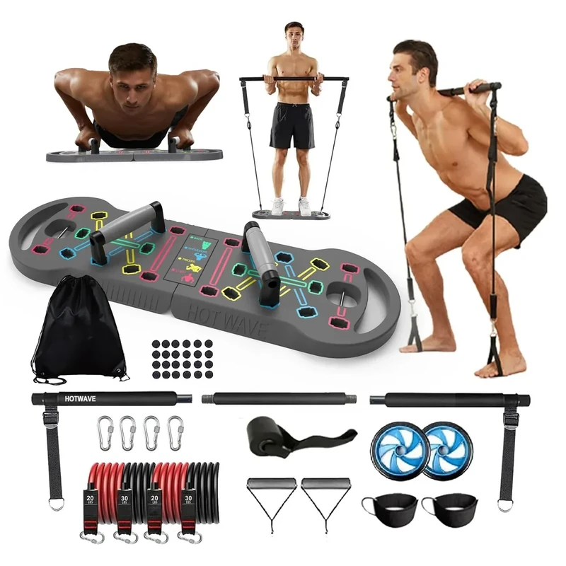 HOTWAVE Portable Exercise Equipment with 16 Gym Accessories,20 in 1 Push Up Board Fitness,Resistance Bands with Ab Roller Wheel,at Home Workout for Men