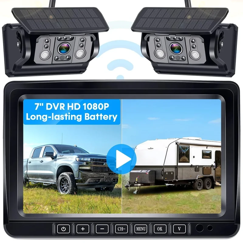 Dual RV Backup Camera Wireless for Trailer: Easy Setup Solar RV Rear View Camera with 7-inch Recording Monitor - 4 Channels Strong Magnetic HD 1080P Long-Battery Life for Camper, Truck, Fifth Wheel