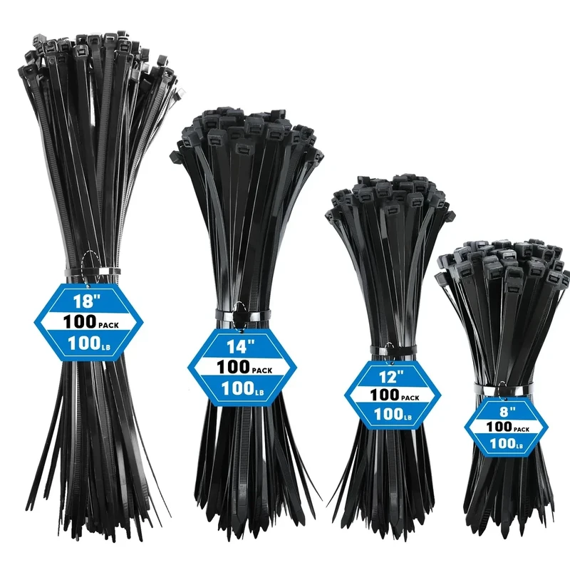 RAZCC 400-Pack Black Zip Ties - 8,12,14,18in, 100lb, Indoor/Outdoor