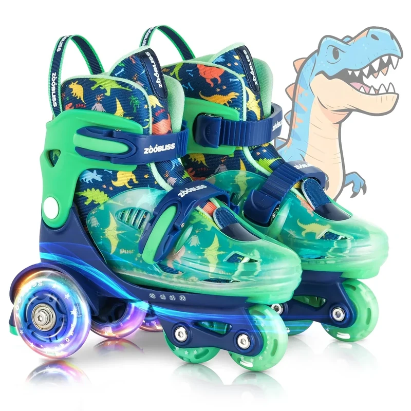 Kids Roller Skates for Beginners - ZOOBLISS Toddler Roller Skates for Boys Ages 3-7 with Light-Up Wheels & 4 Adjustable Sizes, Tri-Wheel Training Skates for Kids (Dino Blue)