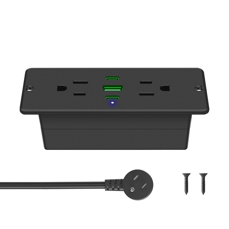 CCCEI Recessed Power Strip with Outlet and 45W USB C Ports, Furniture Flush Mount Power Strip, Small Desk Hidden Outlet for Conference Table, Nightstand, Black, 10FT.