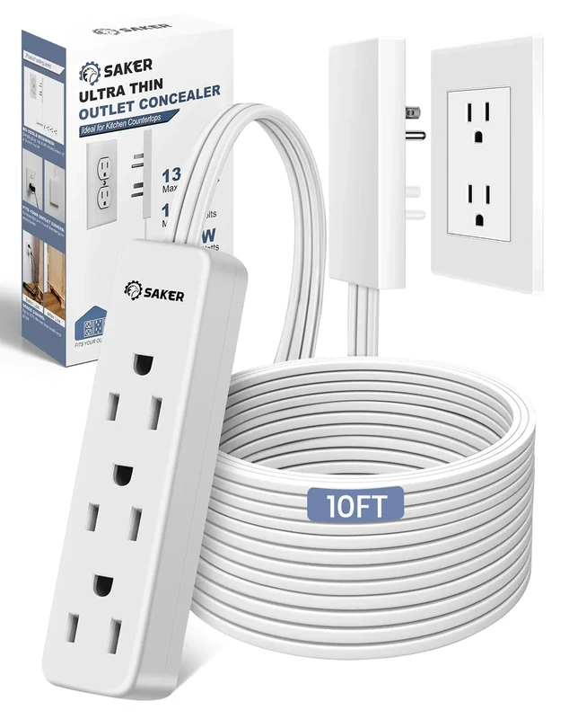 Saker 10ft Flat Plug Power Strip - 3 Outlets, 1625W, Baby Proof