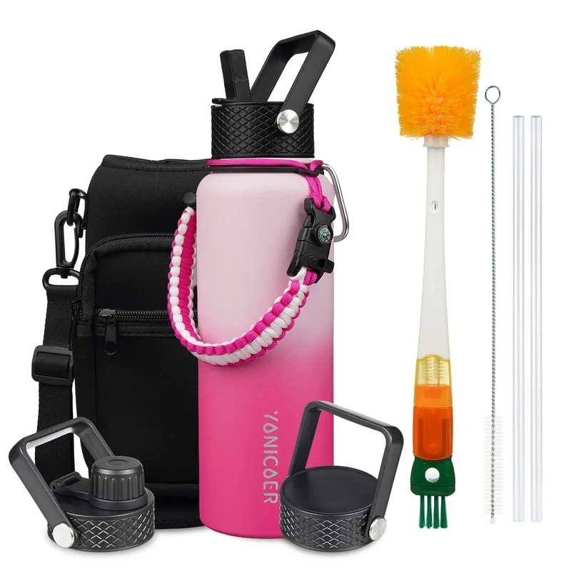 YONICOER Insulated Water Bottle 40oz,Triple Wall Vacuum Stainless Steel(Dishwasher Safe),Leak Proof & Non-BPA,Flask Jug with Paracord Handle & Straw Spout Lids Sports Cherry Blossom