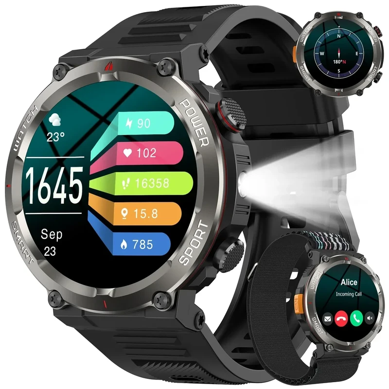 Military Smart Watch for Men, 100 Days Battery/Led Flashlight/Compass/2 Straps/IP68 Waterproof Smart Watches for Men, Tactical Smart Watch Outdoor, Answer/Make Calls Fitness Tracker for iPhone/Android