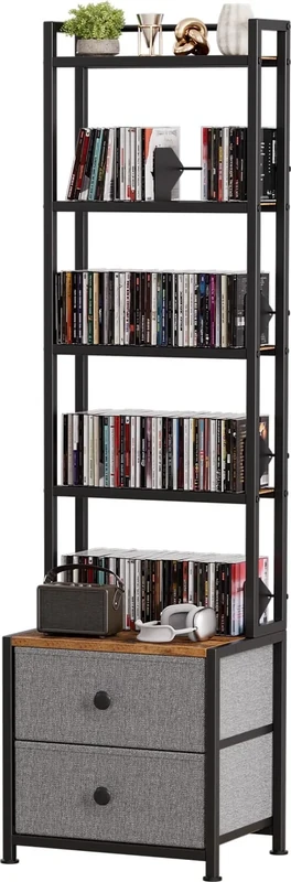 Epouseter CD Storage Rack with Drawer, 5-Tier DVD Organizer Shelf w/Adjustable Book Stoppers, Media Storage Rack for CD/DVD, Books & Games, Ideal for Living Room & Home Office – 15.7x11.8x56.5Inches