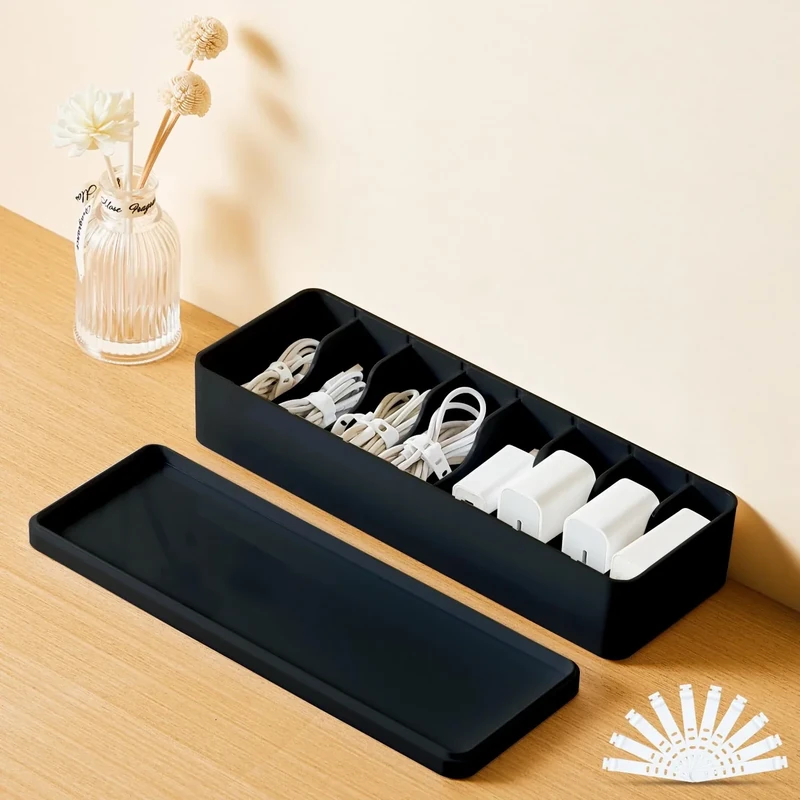 Tatuo Cable Organizer Box with Lid & 10 Wire Ties - Black Desk Storage