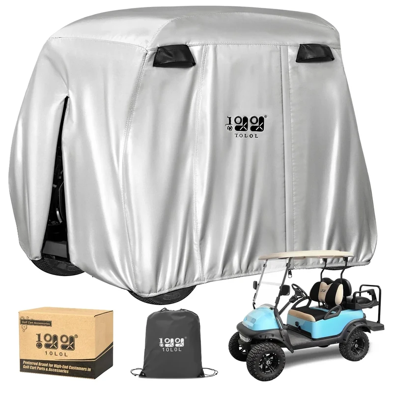 10L0L Golf Cart Cover 2/4/4+2 Passenger for Yamaha EZGO Club Car, Heavy Duty 420D Waterproof Windproof Durable Polyester Golf Cart Cover with 3 Zipper Doors for All-Weather Protection - Sliver