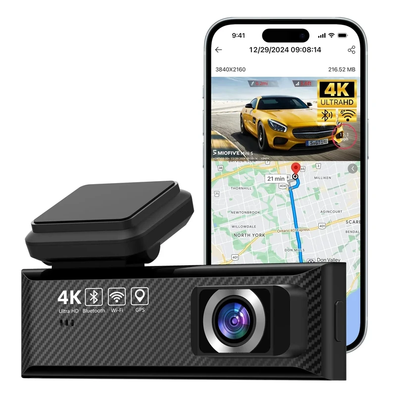 Miofive Smart Dash Cam, 2160P UHD Dash Camera for Cars, Mini S Car Camera with Wi-Fi, GPS, WDR, Night Vision, G-Sensor, App, Loop Recording, Parking Monitor, Time-Lapse