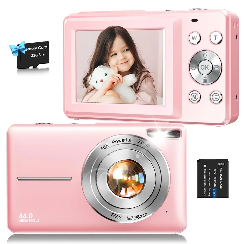 Digital Camera,FHD 1080P Kids Camera 44MP Point and Shoot Digital Cameras with 32GB Card,16X Zoom,Anti-Shake,Date Stamp,Compact Small Cameras Photography for Kids Student Teen Girl Boy(Pink)