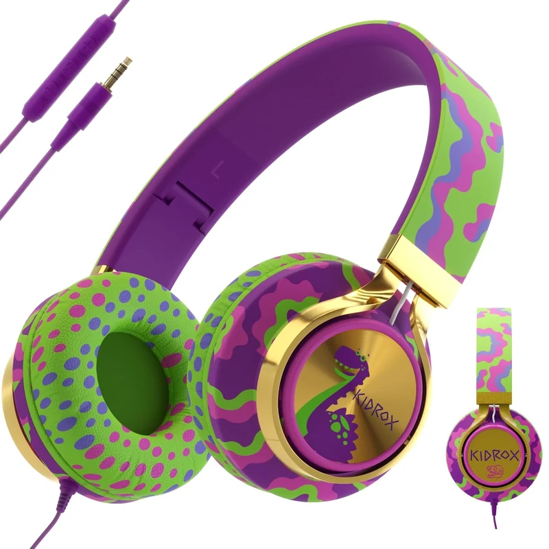 Kidrox® Dinosaur Headphones for Kids Wired with Microphone, Made to Last Durable and Flexible, Volume Limited 85/94db Kid Safe for Kids All Ages, Boys & Girls. Perfect for School or Travel. 3.5 Jack