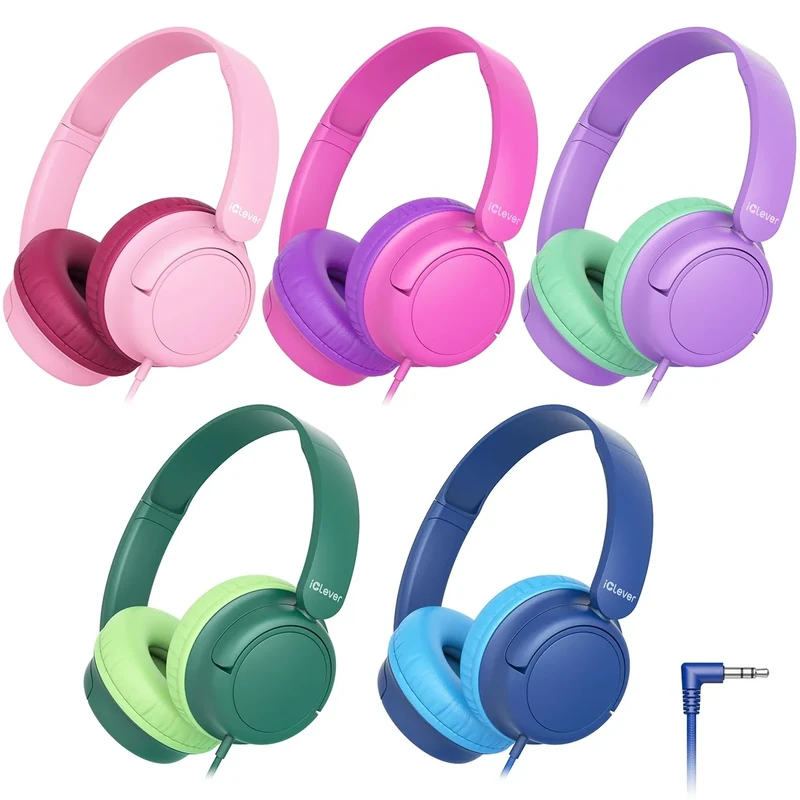 iClever Kids Wired Headphones for School Students K-12 & Teachers, Durable PP Material, Tangle Free, Kids Headphones with Cord Multiple Folding Options Suitable for School/Home/Travel, Bulk 5Pack