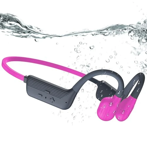 KOPIDOE Swimming Headphones Soft Silicone, IP68 Waterproof Bone Conduction Headphones, 32GB MP3 Player & Bluetooth 5.4 Wireless Sport Earbuds, Secure Open Ear for Swimming, Running, Sports（Pink）